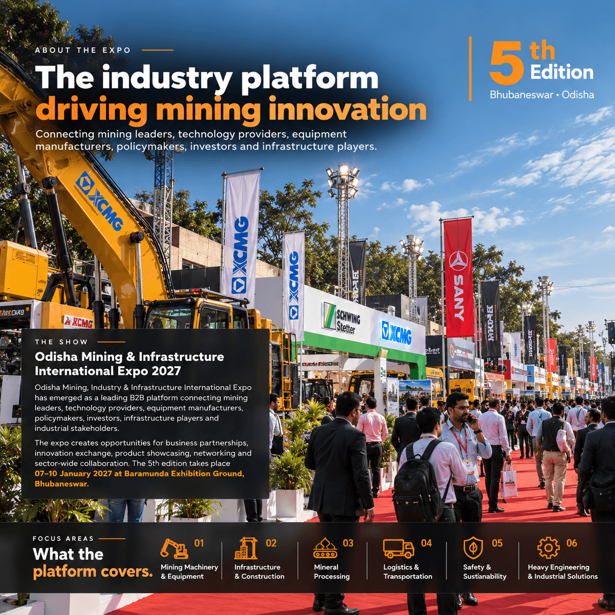 Visitors exploring machinery on the Odisha Mining Expo exhibition floor